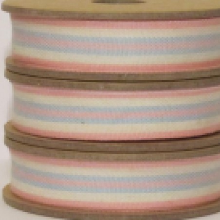 East of India Ribbon Blue & Pink Stripe on White